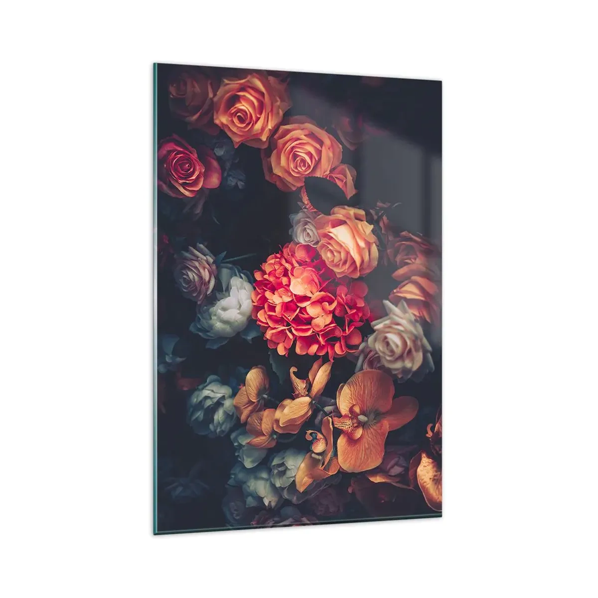 Glasbild - Bild auf glas - Ein Strauß verschiedener Blumen in dunklen Tönen - 80x120cm - Wie bei den holländischen Meistern - Moderne Wanddekoration für Wohnzimmer und Schlafzimmer ARTTOR