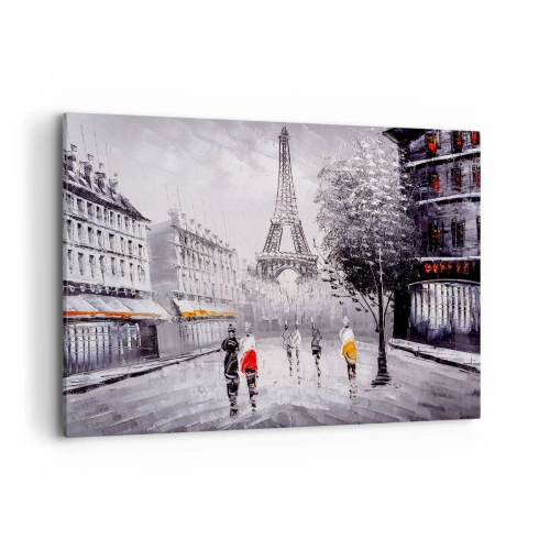 Bild auf Leinwand - Leinwandbild - Ein Blick auf den Eiffelturm in einer monochromen Umgebung mit Farbakzenten - 100x70cm - Pariser Spaziergang - Moderne Wanddekoration für Wohnzimmer und Schlafzimmer ARTTOR
