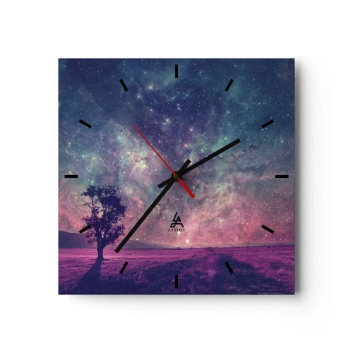 Wanduhr - Glasuhr - Ein Baum vor einem Sternenhimmel in violetten und blauen Farben - 30x30cm - Unter dem magischen Himmel - Moderne Wanddekoration für Wohnzimmer und Schlafzimmer ARTTOR