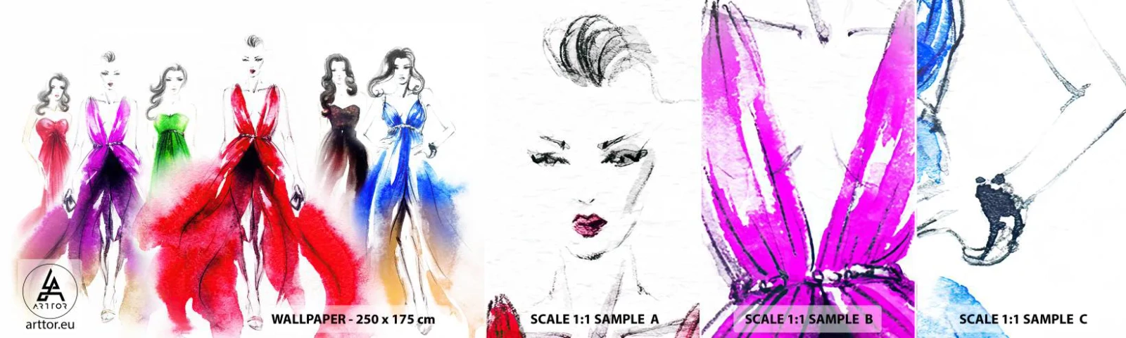 Fototapeten Muster Selbstklebend Deluxe Sticker - Stimmungen für Kostüme - Modenschau, Frau, Kleid - 100x30 cm