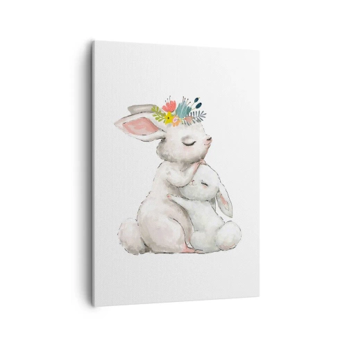 Bild auf Leinwand - Leinwandbild - Niedliche Kaninchen in Pastellfarben - 50x70cm - Bei Mama ist's am schönsten - Moderne Wanddekoration für Wohnzimmer und Schlafzimmer ARTTOR