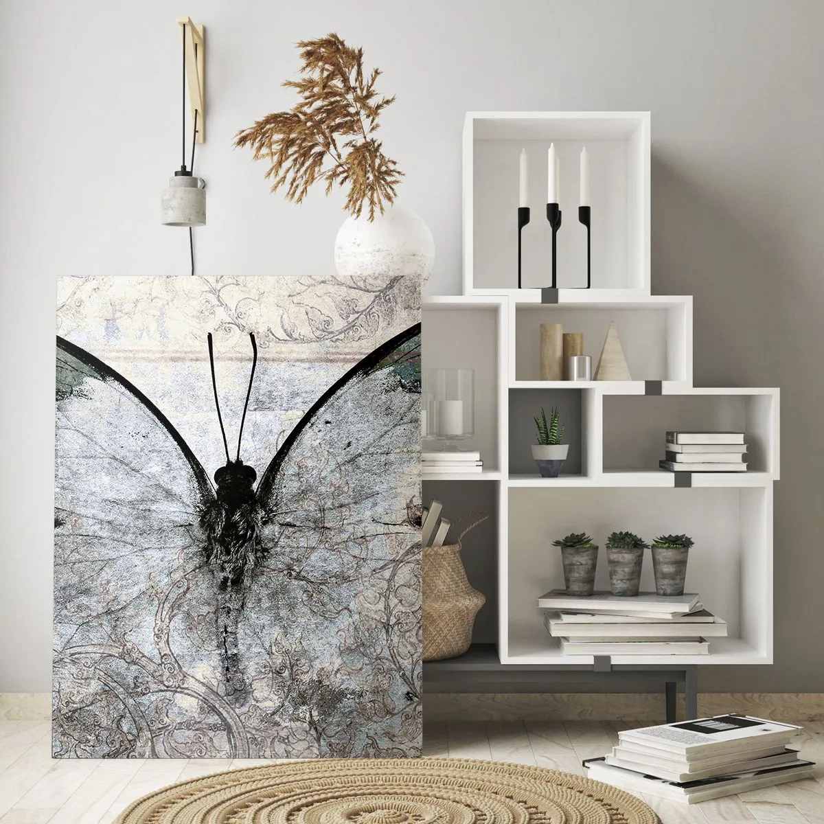 Glasbild - Bild auf glas - Ein Schmetterling in Grün- und Grautönen auf dekorativem Hintergrund - 80x120cm - Im Jugendstil - Moderne Wanddekoration für Wohnzimmer und Schlafzimmer ARTTOR