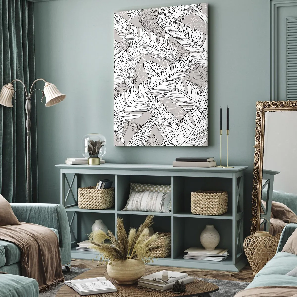 Bild auf Leinwand - Leinwandbild - Schwarz-weißes Muster mit Bananenblättern auf hellem Hintergrund - 50x70cm - Ein Federwirbel - Moderne Wanddekoration für Wohnzimmer und Schlafzimmer ARTTOR