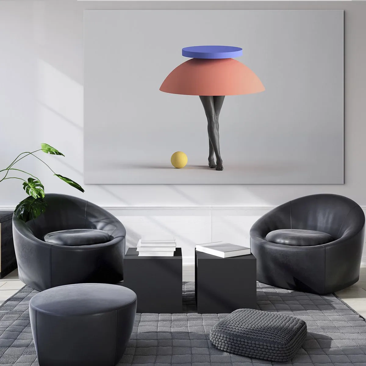 Glasbild - Bild auf glas - Eine surreale Figur aus geometrischen Formen und Beinen - 100x70cm - Surrealistische Komposition - Moderne Wanddekoration für Wohnzimmer und Schlafzimmer ARTTOR