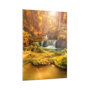 Glasbild - Bild auf glas - Waldkaskade in Gold - 50x70cm - Waldkaskade in Gold - Moderne Wanddekoration für Wohnzimmer und Schlafzimmer ARTTOR