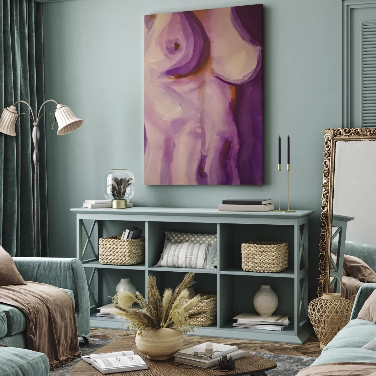 Bild auf Leinwand - Leinwandbild - Eine abstrakte Interpretation der weiblichen Silhouette in Rosa- und Lilatönen. - 50x70cm - Ode an die Weiblichkeit - Moderne Wanddekoration für Wohnzimmer und Schlafzimmer ARTTOR