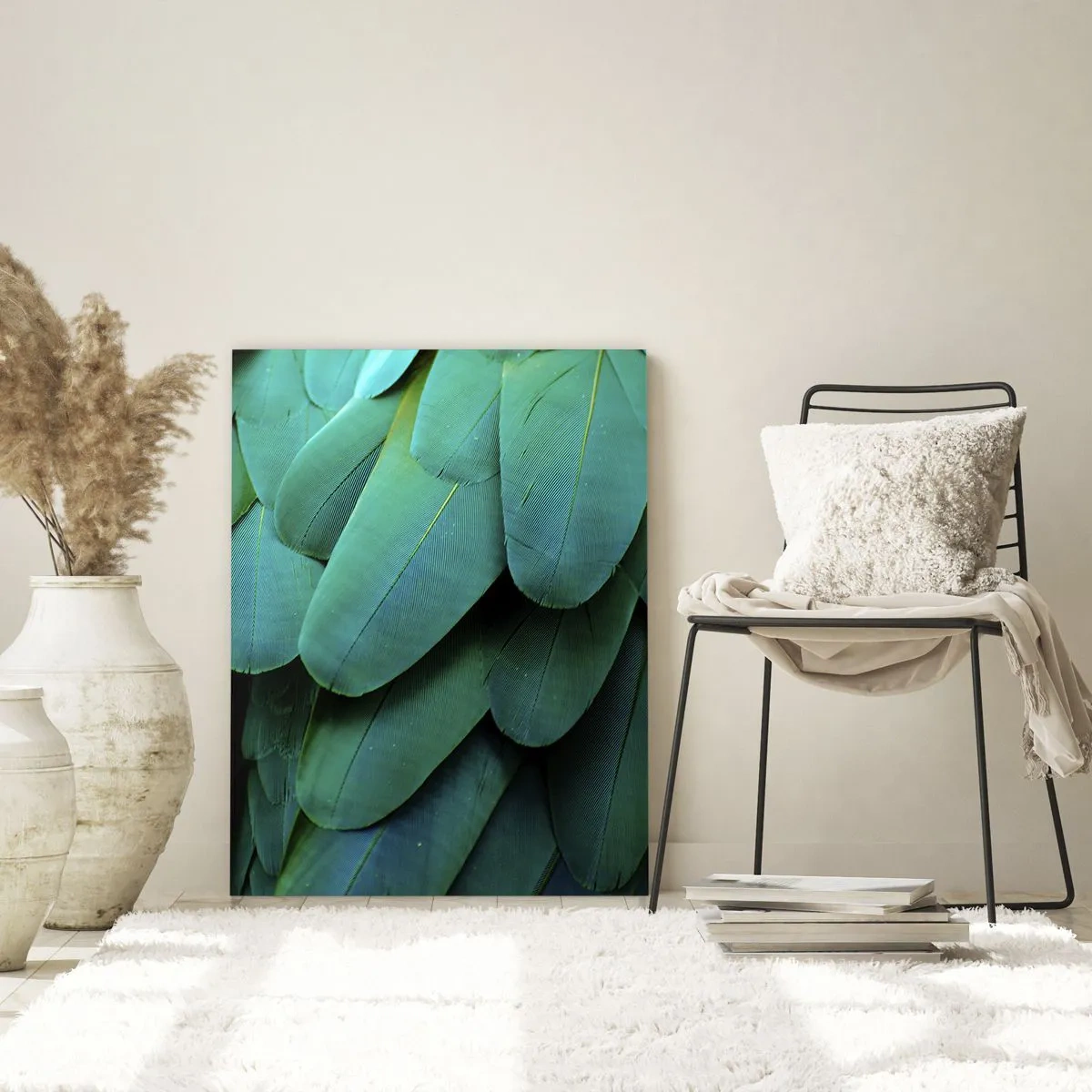 Glasbild - Bild auf glas - Eine Nahaufnahme der intensiv grünen Federn eines Papageis. - 50x70cm - Papageienartige Präzision - Moderne Wanddekoration für Wohnzimmer und Schlafzimmer ARTTOR