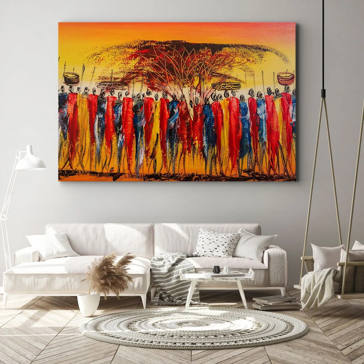 Bild auf Leinwand - Leinwandbild - Eine farbenfrohe Szene mit afrikanischen Figuren vor dem Hintergrund der untergehenden Sonne. - 100x70cm - Dort, dort, dort gehen sie - Moderne Wanddekoration für Wohnzimmer und Schlafzimmer ARTTOR