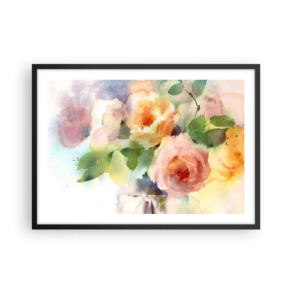 Poster in einem schwarzem Rahmen - Zarte Rosen im Aquarell-Stil auf hellem Hintergrund - 70x50cm - Zart wie Aquarell - Moderne Wanddekoration für Wohnzimmer und Schlafzimmer ARTTOR