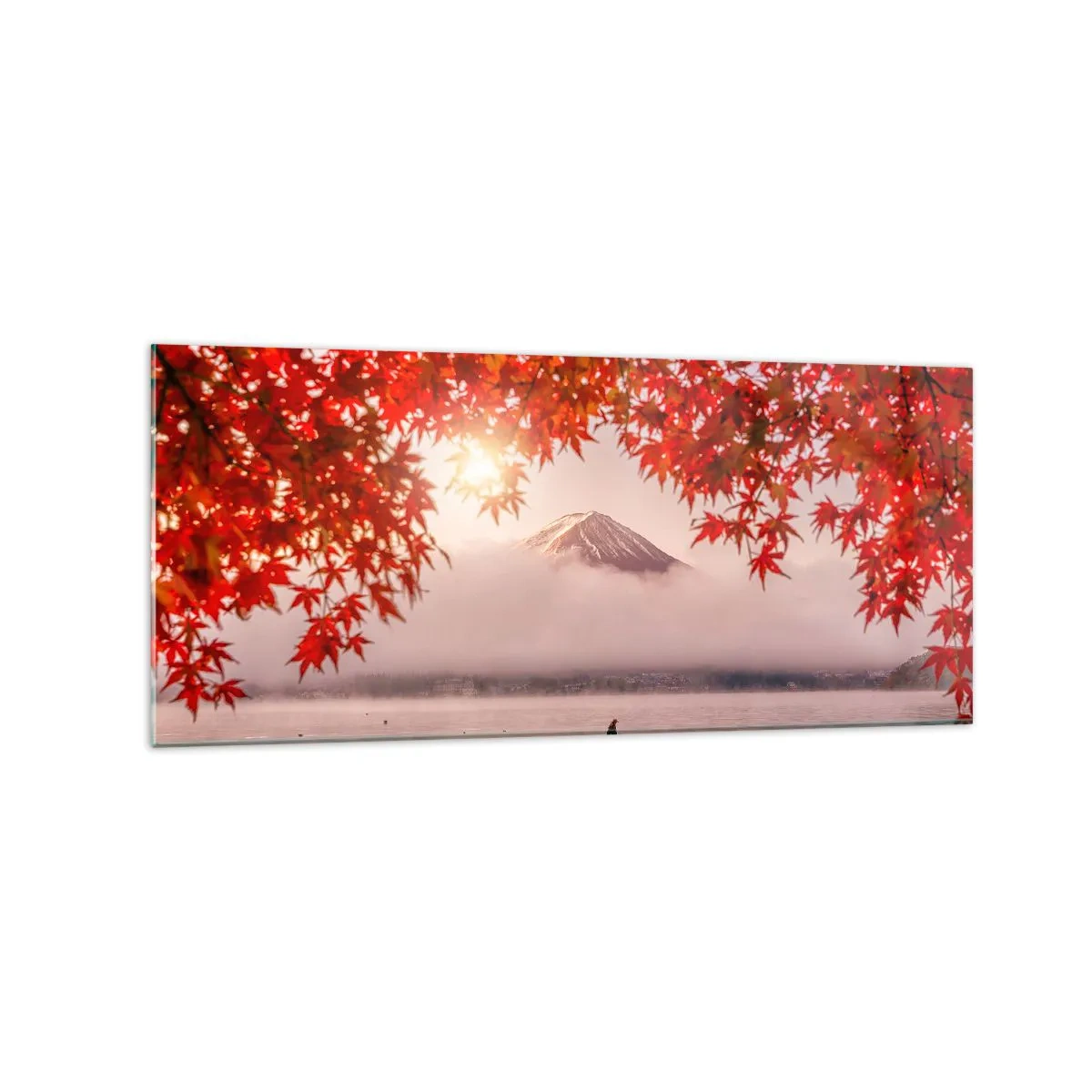 Glasbild - Bild auf glas - Ein Boot auf einem See, umgeben von roten Ahornblättern - 120x50cm - Im japanischen Klima - Moderne Wanddekoration für Wohnzimmer und Schlafzimmer ARTTOR