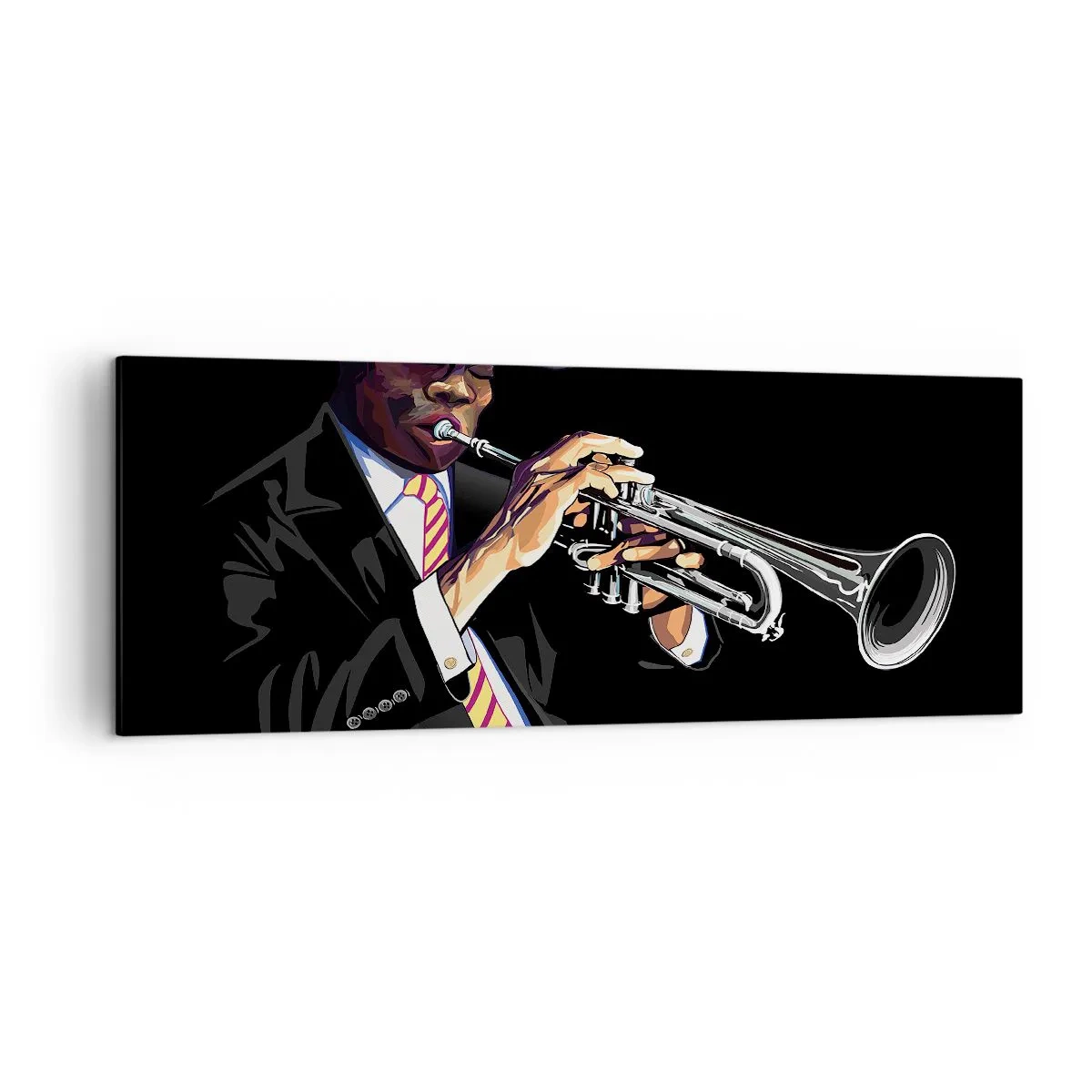 Bild auf Leinwand - Leinwandbild - Ein Musiker spielt Trompete vor schwarzem Hintergrund - 140x50cm - Charme der alten Schule - Moderne Wanddekoration für Wohnzimmer und Schlafzimmer ARTTOR
