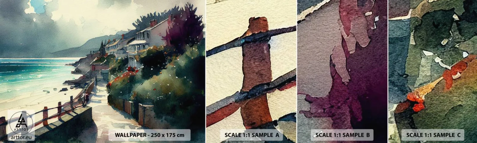 Fototapeten Muster Selbstklebend Deluxe Sticker - Mittelmeerstadt - Häuser, Landschaft, Strand - 100x30 cm