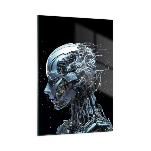 Glasbild - Bild auf glas - Profil eines weiblichen Roboters mit Drähten und Mechanismen - 50x70cm - Technologie ist eine Frau - Moderne Wanddekoration für Wohnzimmer und Schlafzimmer ARTTOR
