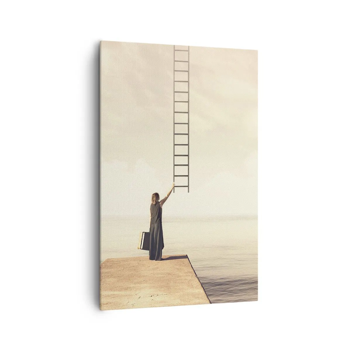 Bild auf Leinwand - Leinwandbild - Eine Frau steht auf einem Pier mit einer Leiter, die in den Himmel führt - 80x120cm - Eine magische Reise - Moderne Wanddekoration für Wohnzimmer und Schlafzimmer ARTTOR