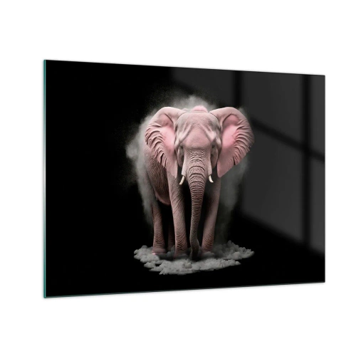 Glasbild - Bild auf glas - Ein rosa Elefant auf schwarzem Hintergrund, umgeben von einer Staubwolke. - 70x50cm - Denke nicht an einen rosa Elefanten! - Moderne Wanddekoration für Wohnzimmer und Schlafzimmer ARTTOR