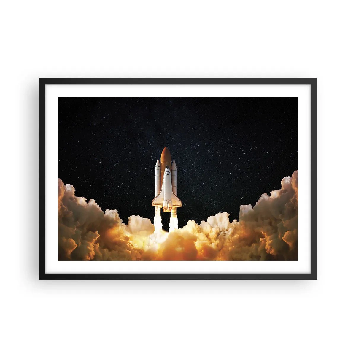 Poster in einem schwarzem Rahmen - Eine Weltraumrakete hebt vor dem Sternenhimmel ab - 70x50cm - Ad Astra! - Moderne Wanddekoration für Wohnzimmer und Schlafzimmer ARTTOR