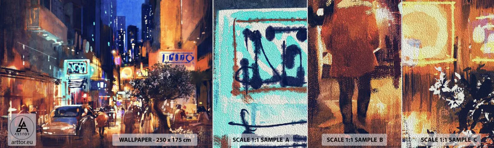 Fototapeten Muster Premium Sand - Und die Stadt ist wach - Stadt, Menschen, Die Architektur - 100x30 cm