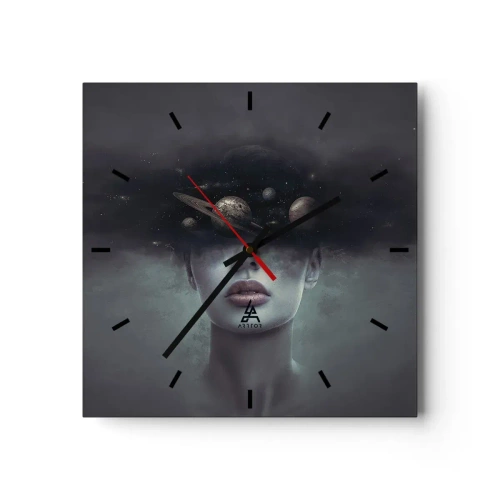 Wanduhr - Glasuhr - Ein Frauengesicht mit einem Planeten- und Weltraummotiv im Hintergrund - 30x30cm - Und die Planeten spielen verrückt ... - Moderne Wanddekoration für Wohnzimmer und Schlafzimmer ARTTOR