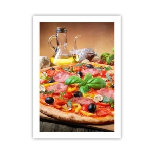 Poster - Appetitliche Pizza mit Oliven und Kräutern auf einem Holztisch - 50x70cm - Mit echtem italienischem Flair - Moderne Wanddekoration für Wohnzimmer und Schlafzimmer ARTTOR