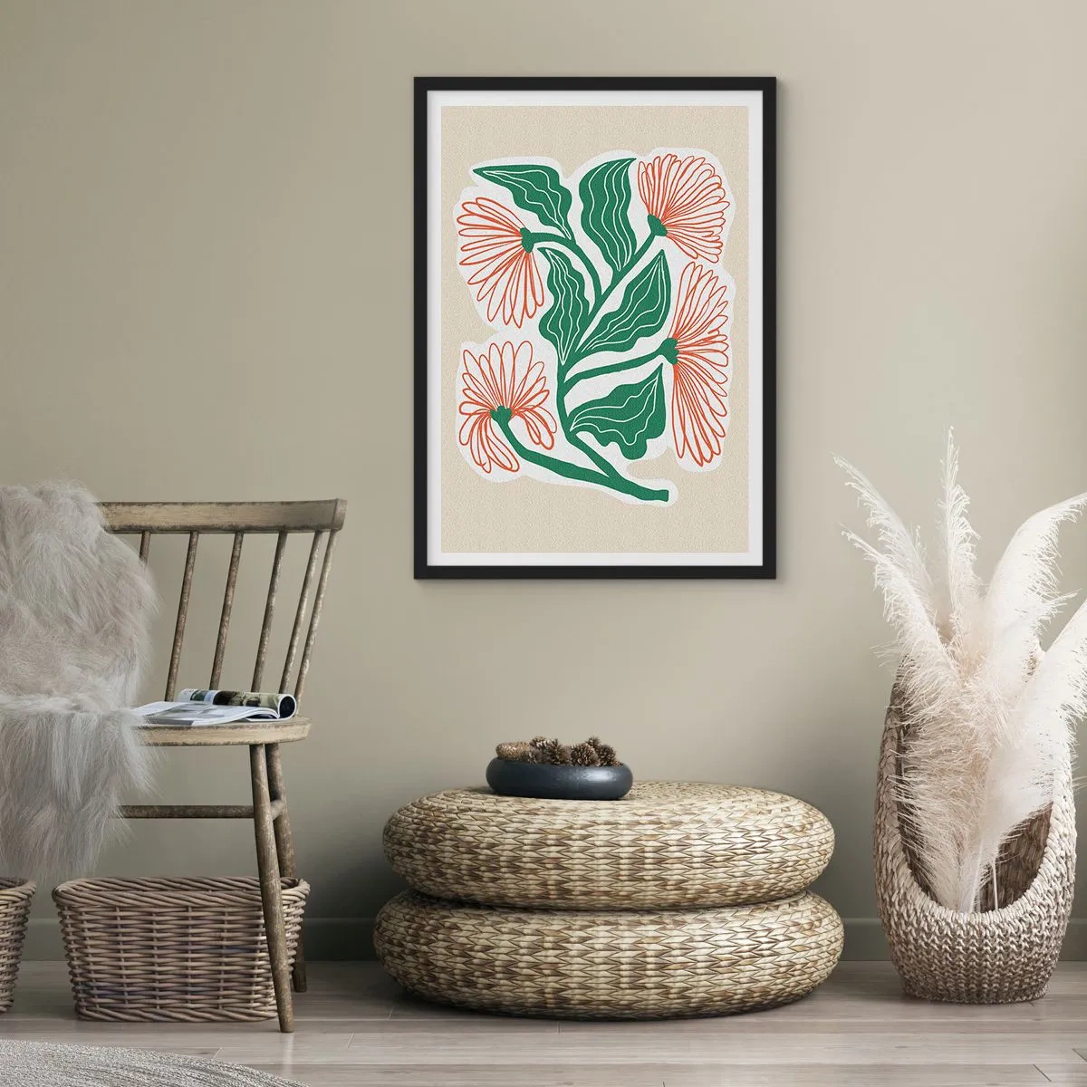 Poster in einem schwarzem Rahmen - Abstraktes Blumen- und Blattmotiv auf beigem Hintergrund - 50x70cm - Im Folkstil und modern - Moderne Wanddekoration für Wohnzimmer und Schlafzimmer ARTTOR