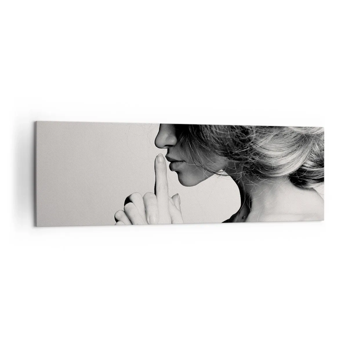 Bild auf Leinwand - Leinwandbild - Schwarz-weißes Profil einer Frau, die Stille gestikuliert - 160x50cm - Auf sich selbst hören - Moderne Wanddekoration für Wohnzimmer und Schlafzimmer ARTTOR
