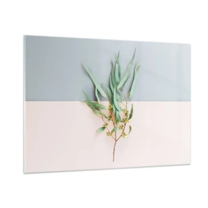 Glasbild - Bild auf glas - Ein Zweig Eukalyptus auf pastellfarbenem Hintergrund - 100x70cm - Pastellige Subtilität - Moderne Wanddekoration für Wohnzimmer und Schlafzimmer ARTTOR