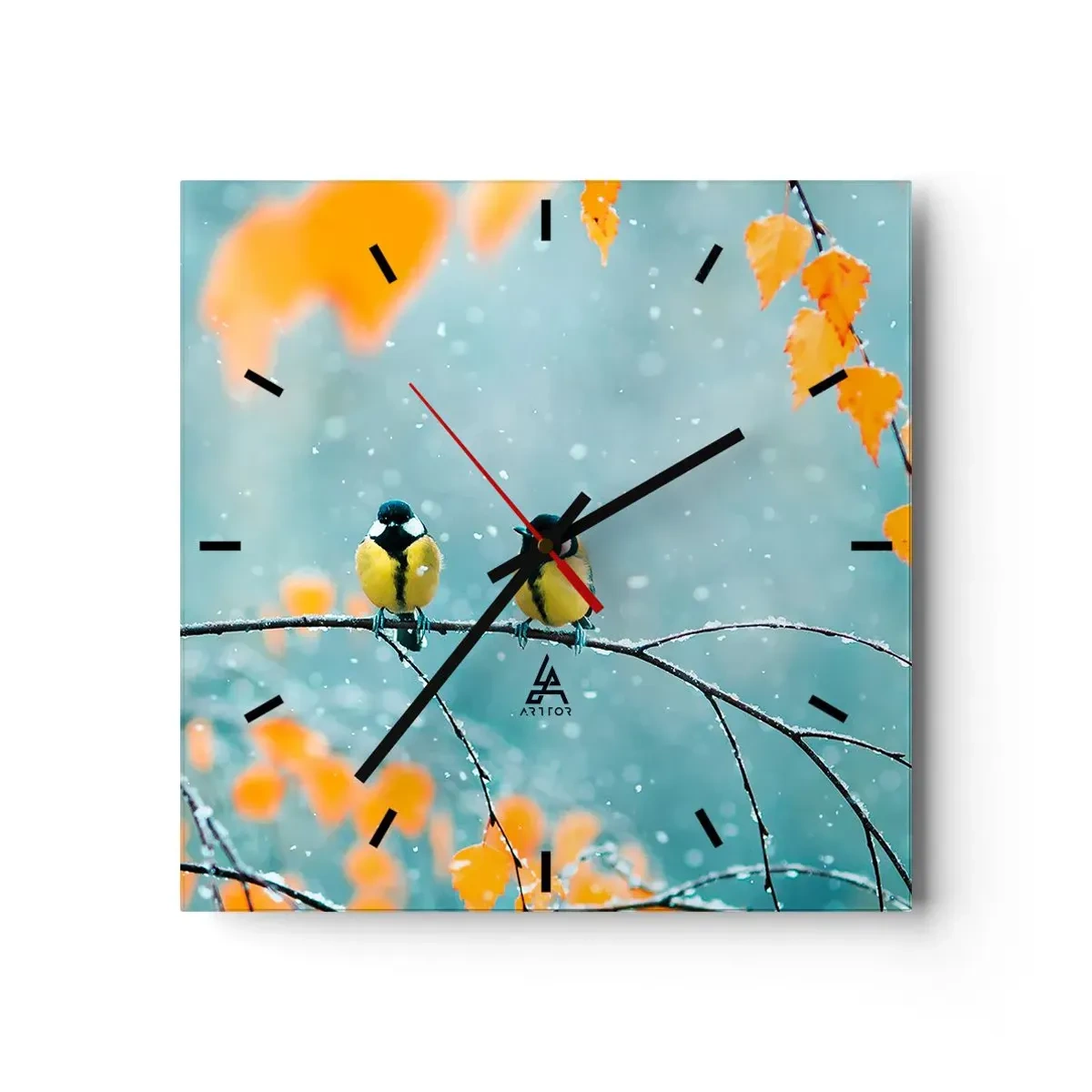 Wanduhr - Glasuhr - Zwei Vögel auf einem Ast in einer Winterlandschaft mit gelben Blättern. - 30x30cm - Vogelklatsch - Moderne Wanddekoration für Wohnzimmer und Schlafzimmer ARTTOR