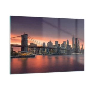 Glasbild - Bild auf glas - Brooklyn Bridge bei Sonnenuntergang - 120x80cm - Eingetaucht in lila Stille - Moderne Wanddekoration für Wohnzimmer und Schlafzimmer ARTTOR