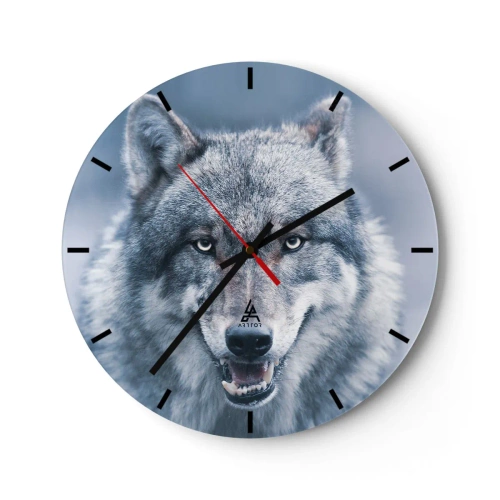 Wanduhr - Glasuhr - Ein Wolf mit gefletschten Zähnen auf einem kalten blauen Hintergrund - 30x30cm - Werden Sie die Herausforderung annehmen? - Moderne Wanddekoration für Wohnzimmer, Küche und Schlafzimmer ARTTOR