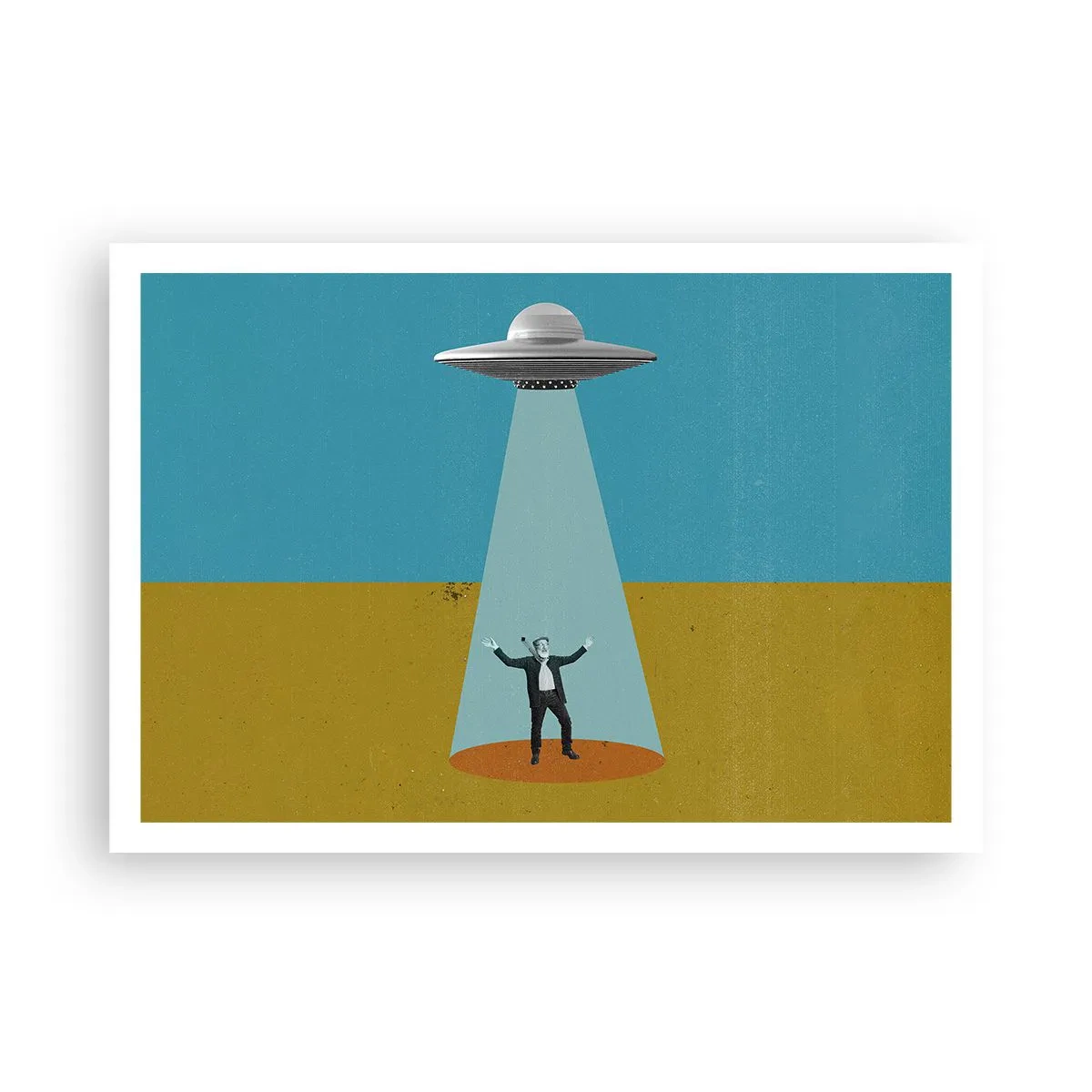 Poster - Ein Mann im Licht eines UFOs vor dem Hintergrund einer farbenfrohen Landschaft - 100x70cm - Nahe Begegnung - Moderne Wanddekoration für Wohnzimmer und Schlafzimmer ARTTOR