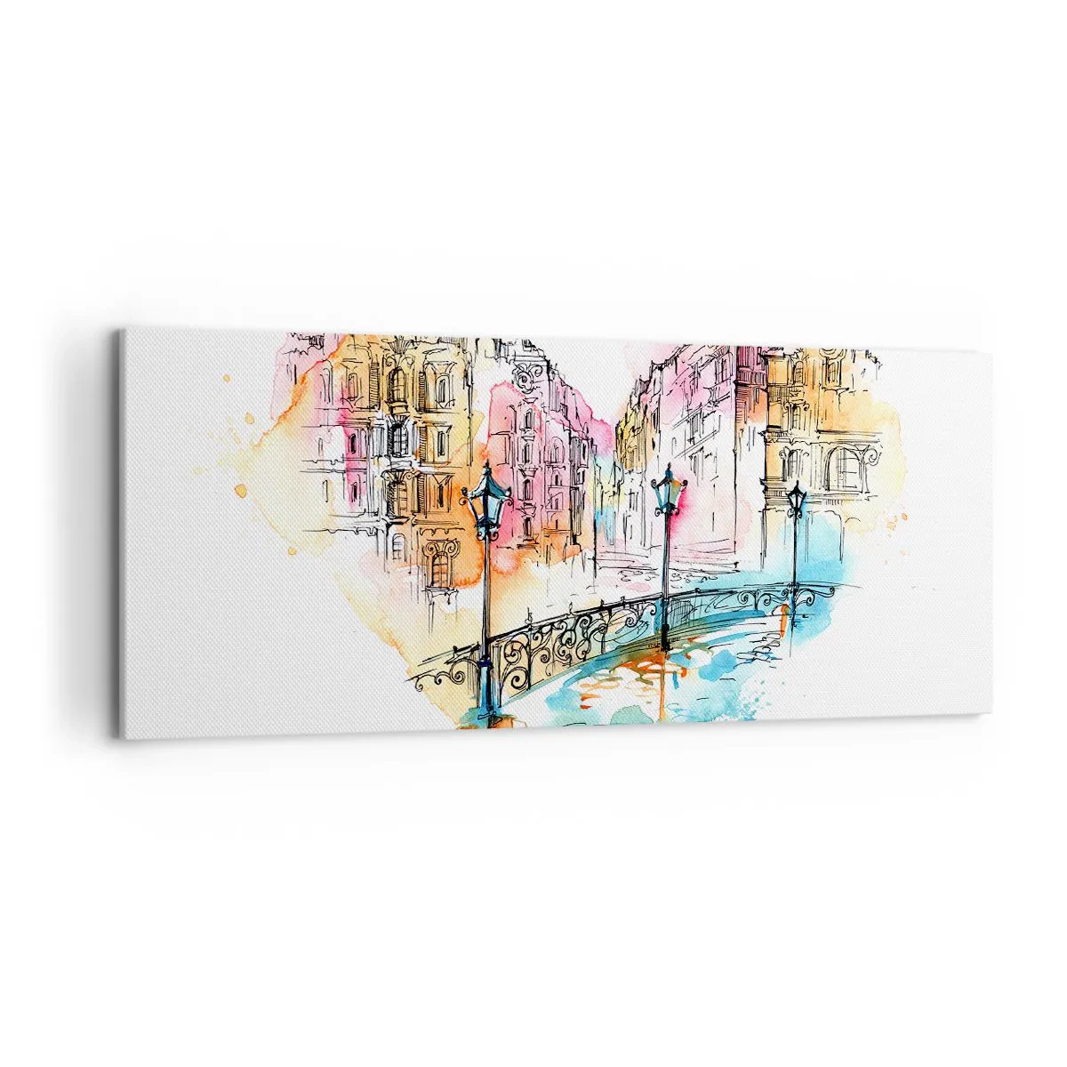 Bild auf Leinwand - Leinwandbild - Aquarell einer Brücke und herzförmigen Mietshäusern - 120x50cm - Das Herz der Stadt - Moderne Wanddekoration für Wohnzimmer und Schlafzimmer ARTTOR