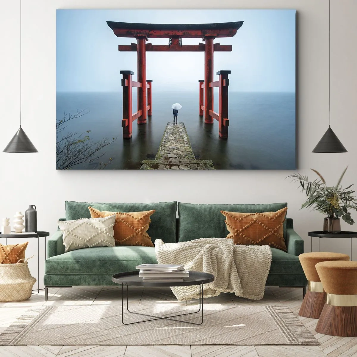 Bild auf Leinwand - Leinwandbild - Ein Torii-Tor mit Blick auf einen ruhigen See in Japan - 100x70cm - Japanische Träumerei - Moderne Wanddekoration für Wohnzimmer und Schlafzimmer ARTTOR