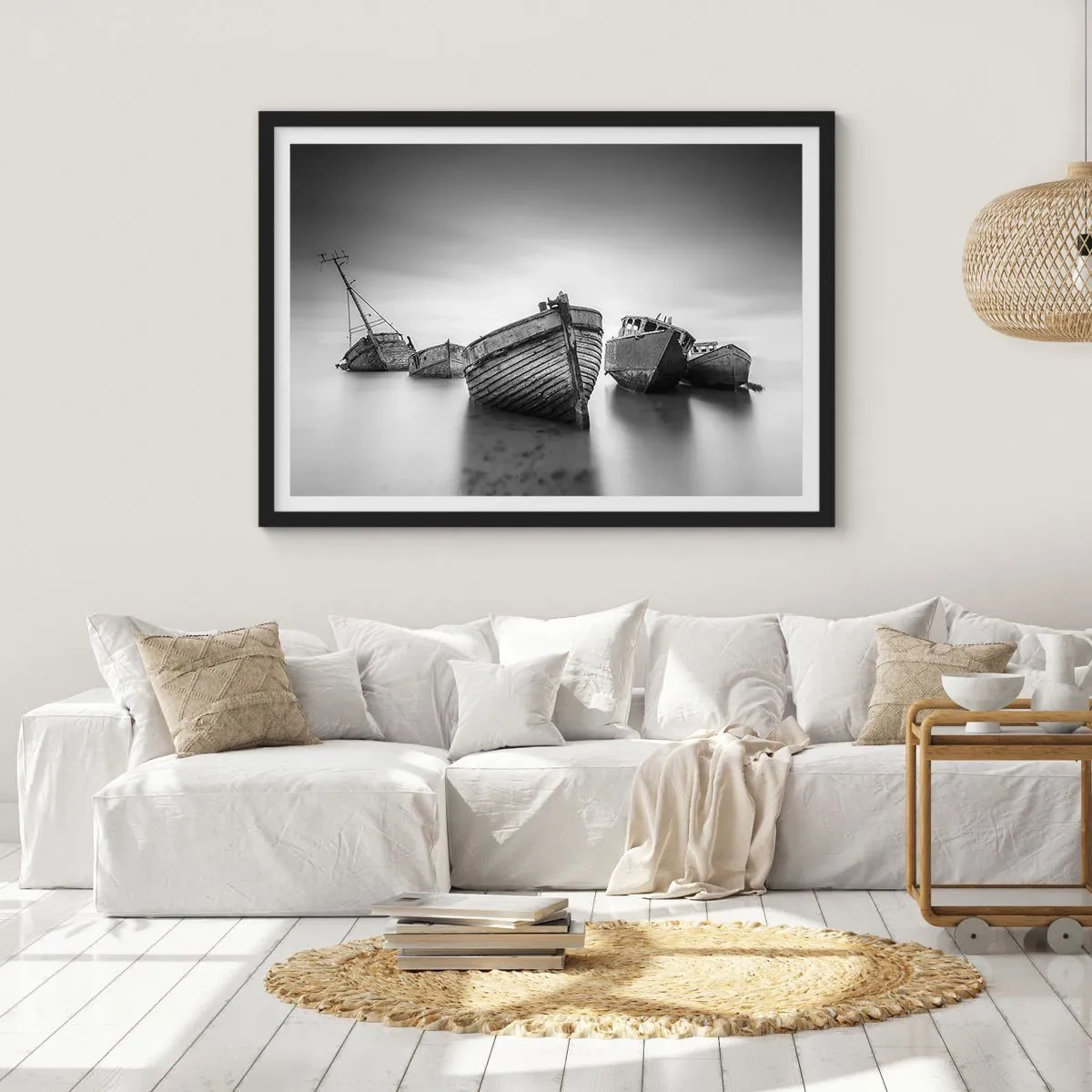 Poster in einem schwarzem Rahmen - Verlassene Boote auf ruhigem Wasser - 70x50cm - Nur Erinnerungen ... - Moderne Wanddekoration für Wohnzimmer und Schlafzimmer ARTTOR