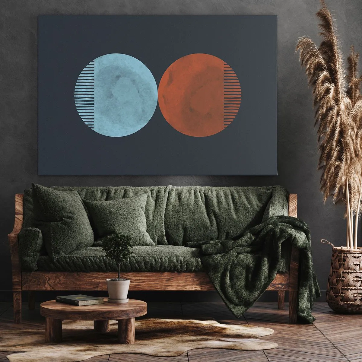 Bild auf Leinwand - Leinwandbild - Minimalistisches Zweirad-Design in Blau und Orange - 70x50cm - Nur Geometrie? - Moderne Wanddekoration für Wohnzimmer und Schlafzimmer ARTTOR