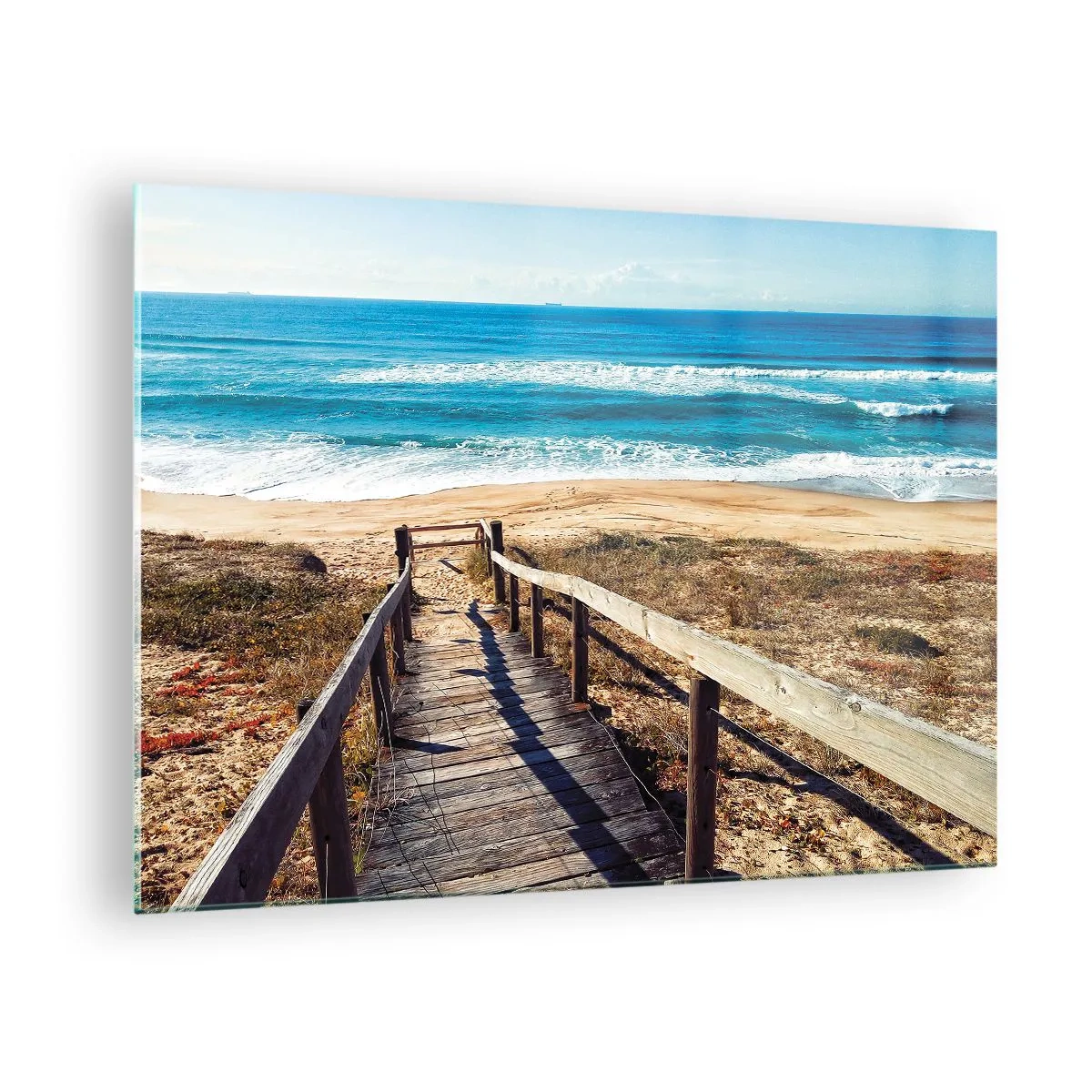 Glasbild - Bild auf glas - Holzweg zum Strand mit Meerblick - 70x50cm - Lauf! - Moderne Wanddekoration für Wohnzimmer und Schlafzimmer ARTTOR