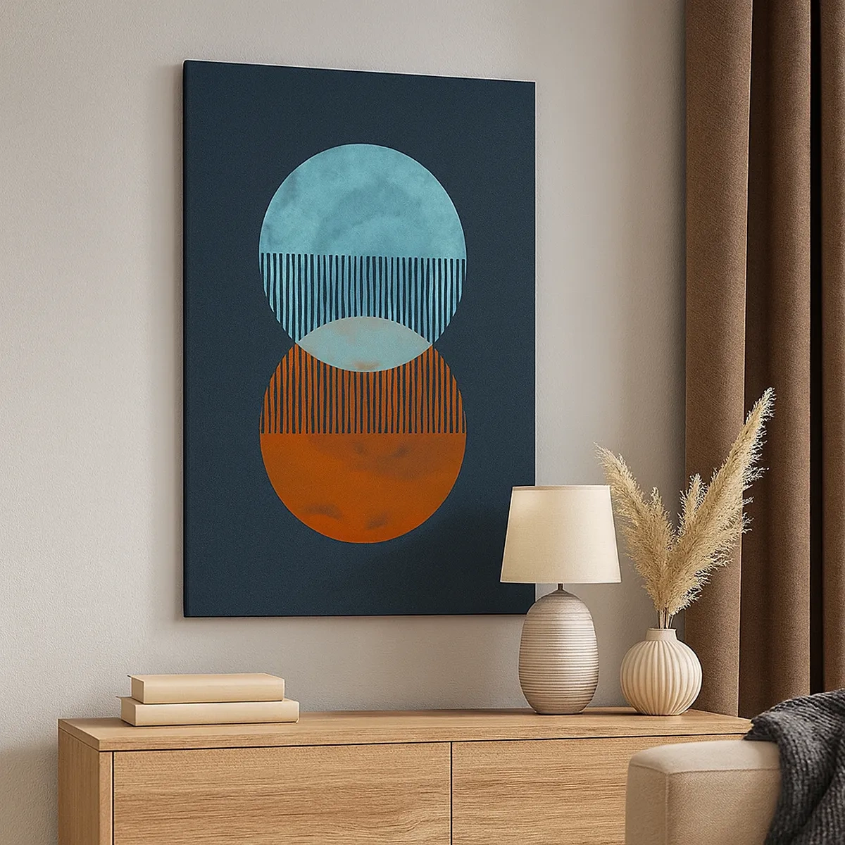 Bild auf Leinwand - Leinwandbild - Zwei orange und blaue Kreise auf dunklem Hintergrund - 50x70cm - Astronomische Fantasie - Moderne Wanddekoration für Wohnzimmer und Schlafzimmer ARTTOR