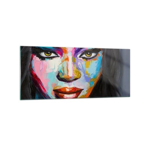 Glasbild - Bild auf glas - Ein farbenfrohes Porträt einer Frau mit intensivem Blick - 120x50cm - Es ist unmöglich die Augen abzuwenden - Moderne Wanddekoration für Wohnzimmer und Schlafzimmer ARTTOR