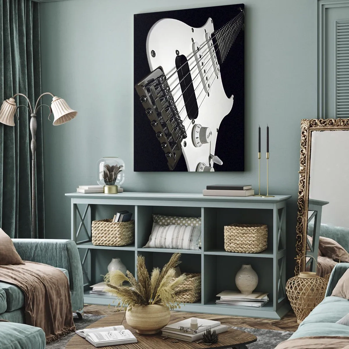 Bild auf Leinwand - Leinwandbild - Nahaufnahme einer weißen E-Gitarre auf schwarzem Hintergrund. - 50x70cm - In Weiß versteckter Ton - Moderne Wanddekoration für Wohnzimmer und Schlafzimmer ARTTOR