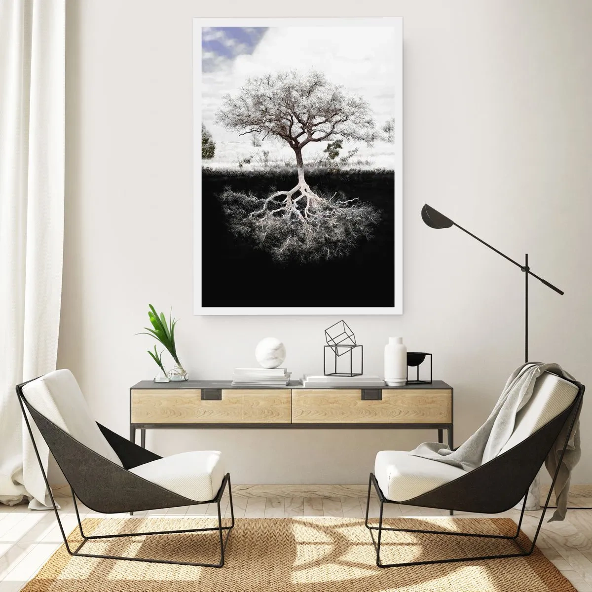 Poster - Ein minimalistischer Baum mit sichtbarem Wurzelsystem - 50x70cm - Die Natur der Welt entdecken - Moderne Wanddekoration für Wohnzimmer und Schlafzimmer ARTTOR