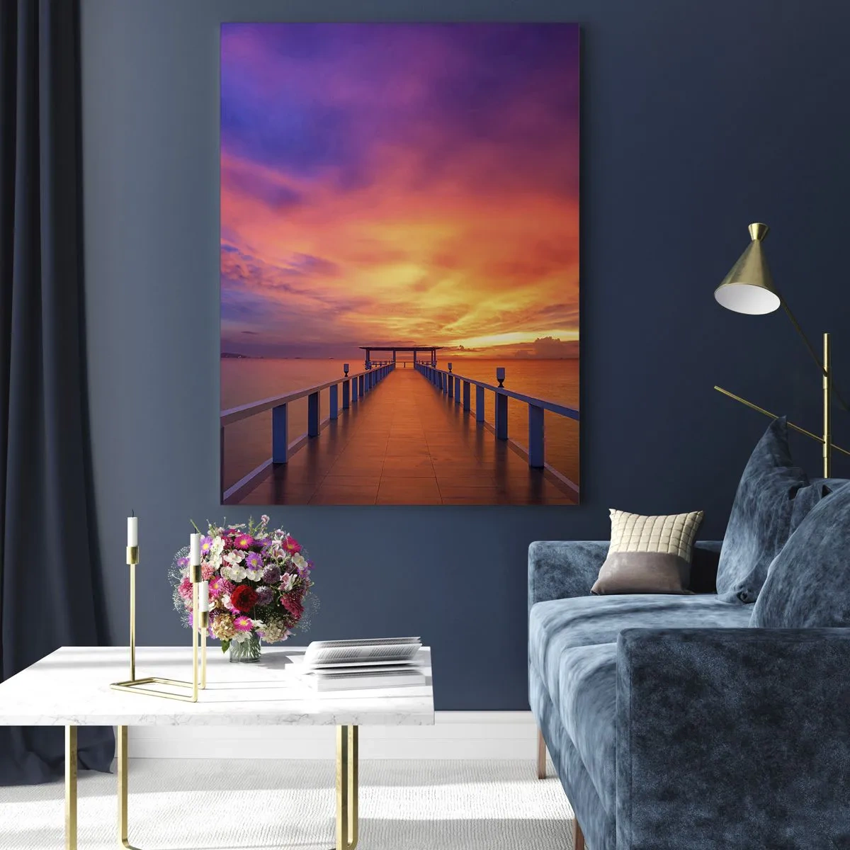 Glasbild - Bild auf glas - Ein Steg, der bei Sonnenuntergang aufs Meer hinausführt - 80x120cm - Ohne Ende - Moderne Wanddekoration für Wohnzimmer und Schlafzimmer ARTTOR