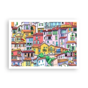 Poster - Bunte Mietshäuser im lebendigen, fröhlichen Stil - 100x70cm - Lustige Stadt - Moderne Wanddekoration für Wohnzimmer und Schlafzimmer ARTTOR