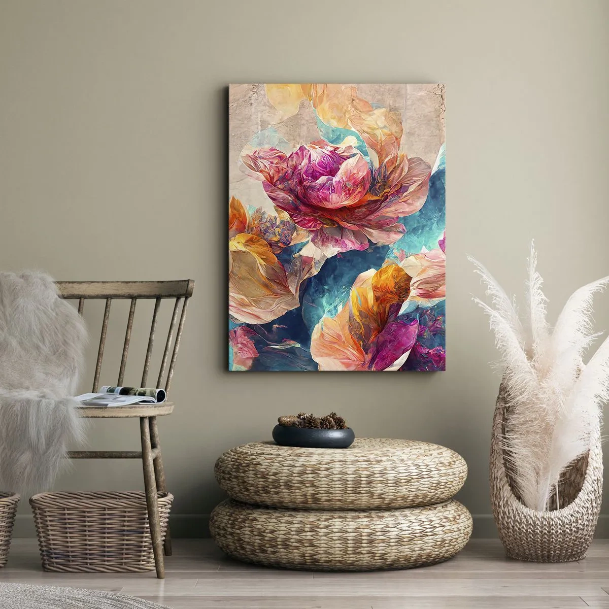 Bild auf Leinwand - Leinwandbild - Bunte Blumen auf beigem Hintergrund - 80x120cm - Farbenpracht des Straußes - Moderne Wanddekoration für Wohnzimmer und Schlafzimmer ARTTOR