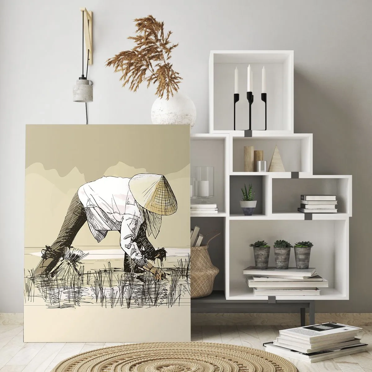 Glasbild - Bild auf glas - Bauern bei der Arbeit auf einem Reisfeld mit traditioneller Kopfbedeckung - 80x120cm - Erfolgreiche Ernte - Moderne Wanddekoration für Wohnzimmer und Schlafzimmer ARTTOR