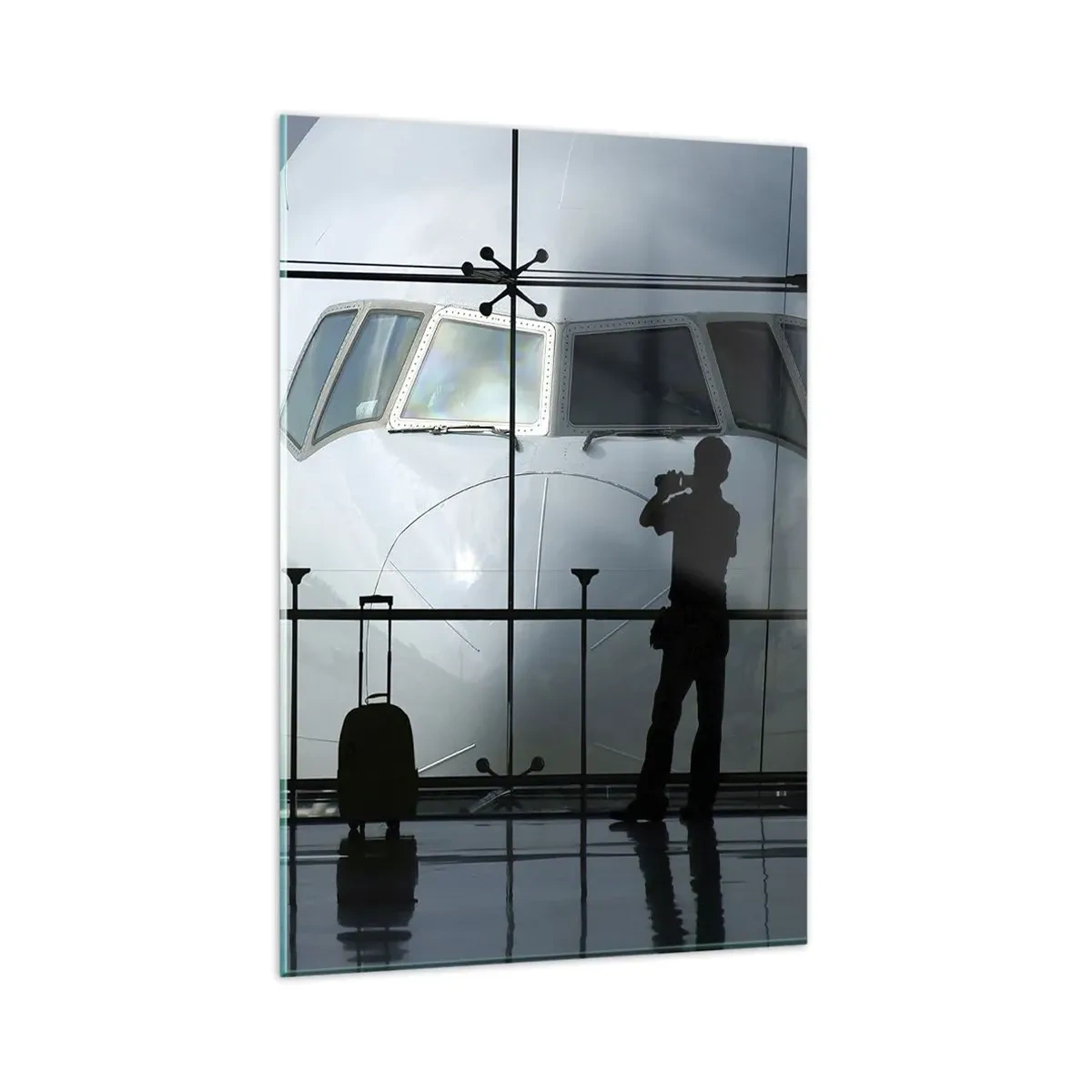 Glasbild - Bild auf glas - Flughafen mit Silhouetten von Menschen und Blick auf das Flugzeug - 80x120cm - Vis a vis am Flughafen - Moderne Wanddekoration für Wohnzimmer und Schlafzimmer ARTTOR