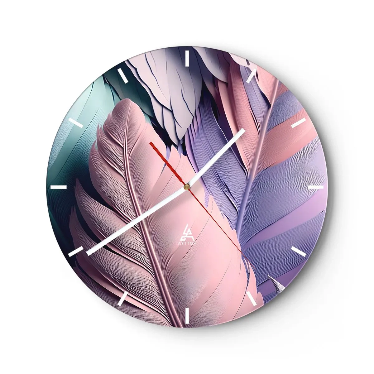 Wanduhr - Glasuhr - Bunte Federn in Pastelltönen auf der Uhr - 30x30cm - Vogel-Chic - Moderne Wanddekoration für Wohnzimmer, Küche und Schlafzimmer ARTTOR