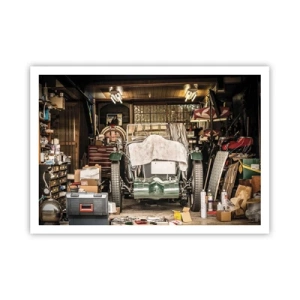 Poster - Ein altes Auto in einer Garage, umgeben von Werkzeugen und Geräten - 100x70cm - Zurück in die Vergangenheit - Moderne Wanddekoration für Wohnzimmer und Schlafzimmer ARTTOR