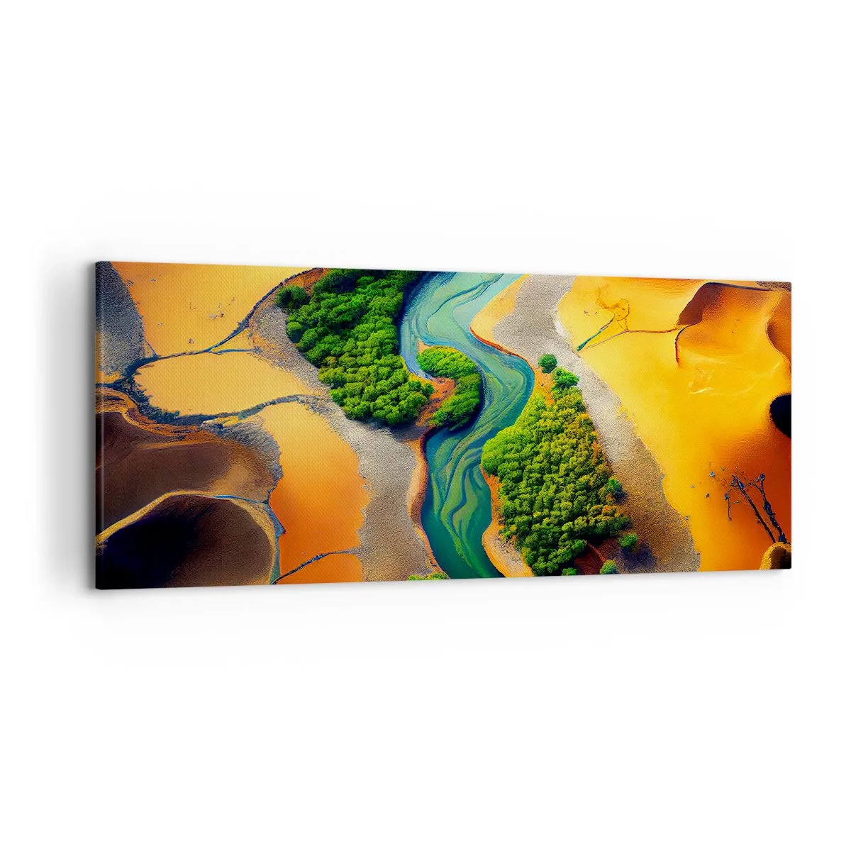Bild auf Leinwand - Leinwandbild - Ein grüner Fluss, umgeben von goldenem Sand und Vegetation - 120x50cm - Lebensspendender Fluss - Moderne Wanddekoration für Wohnzimmer und Schlafzimmer ARTTOR