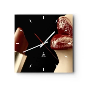 Wanduhr - Glasuhr - Rote Lippen und Lippenstift auf schwarzem Hintergrund - 30x30cm - Sinnlichkeit und Brillanz von Karmin - Moderne Wanddekoration für Wohnzimmer und Schlafzimmer ARTTOR