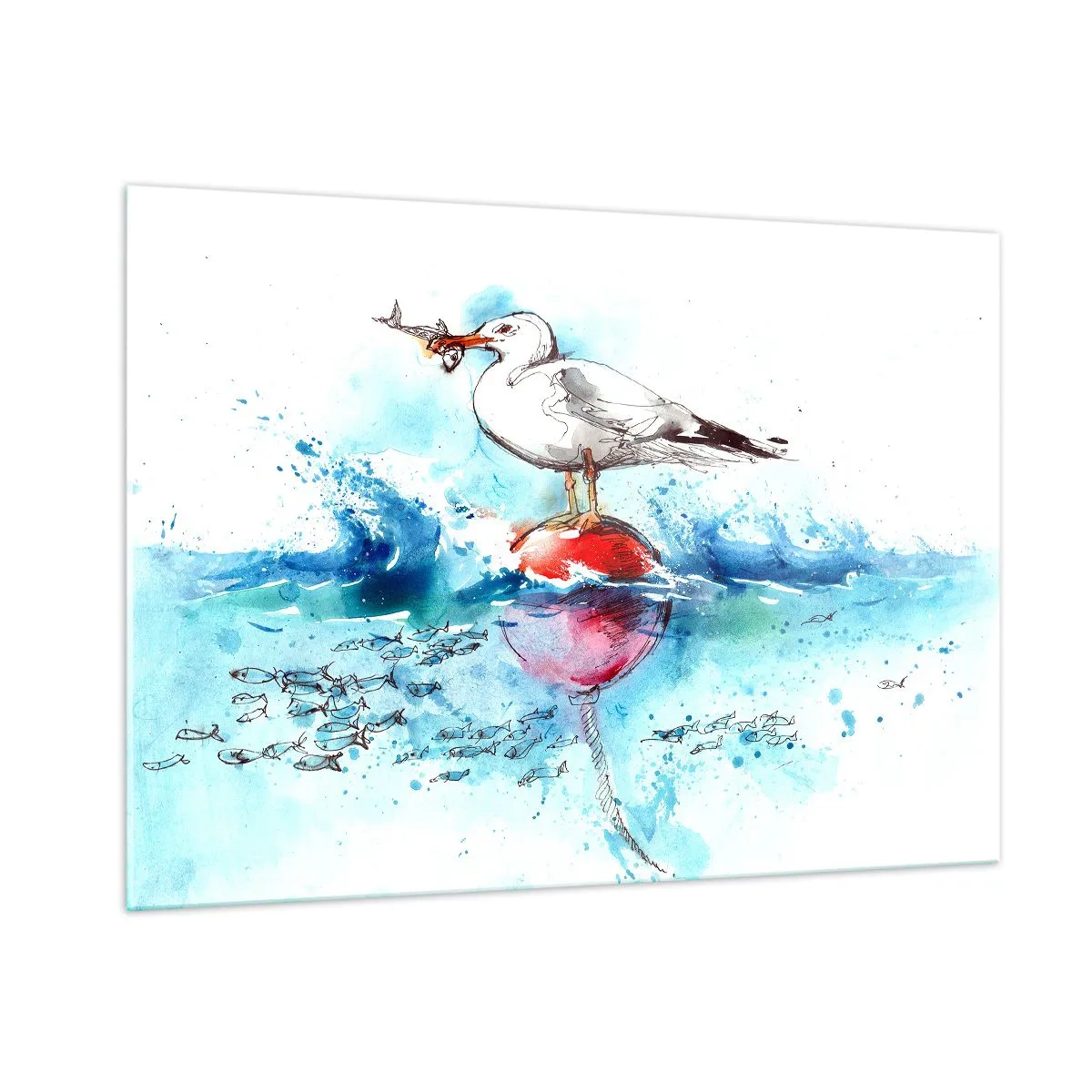 Glasbild - Bild auf glas - Eine Möwe auf einer Boje mit einem Fisch im Hintergrund der Meereswellen - 100x70cm - Erfolgreicher Fang - Moderne Wanddekoration für Wohnzimmer und Schlafzimmer ARTTOR