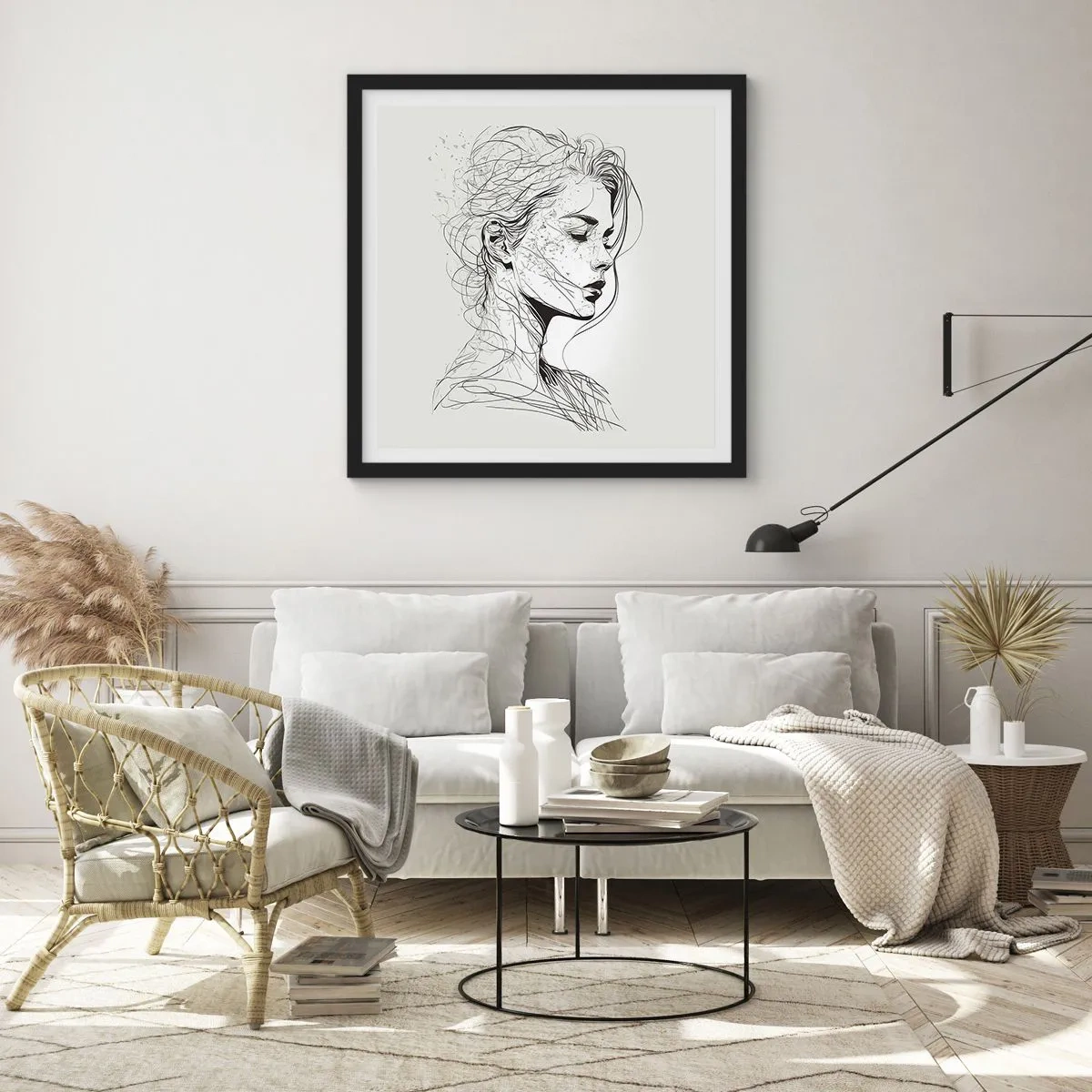 Poster in einem schwarzem Rahmen - Porträt im Gedanken - 60x60 cm